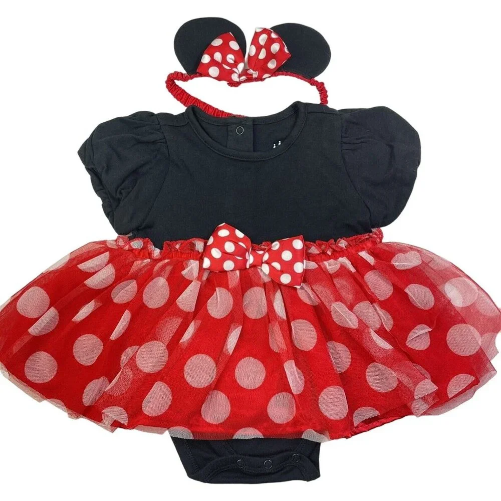 Disney MINNIE MOUSE Baby Girl Bodysuit Dress W/Headbands 12-18 Month Red/Black